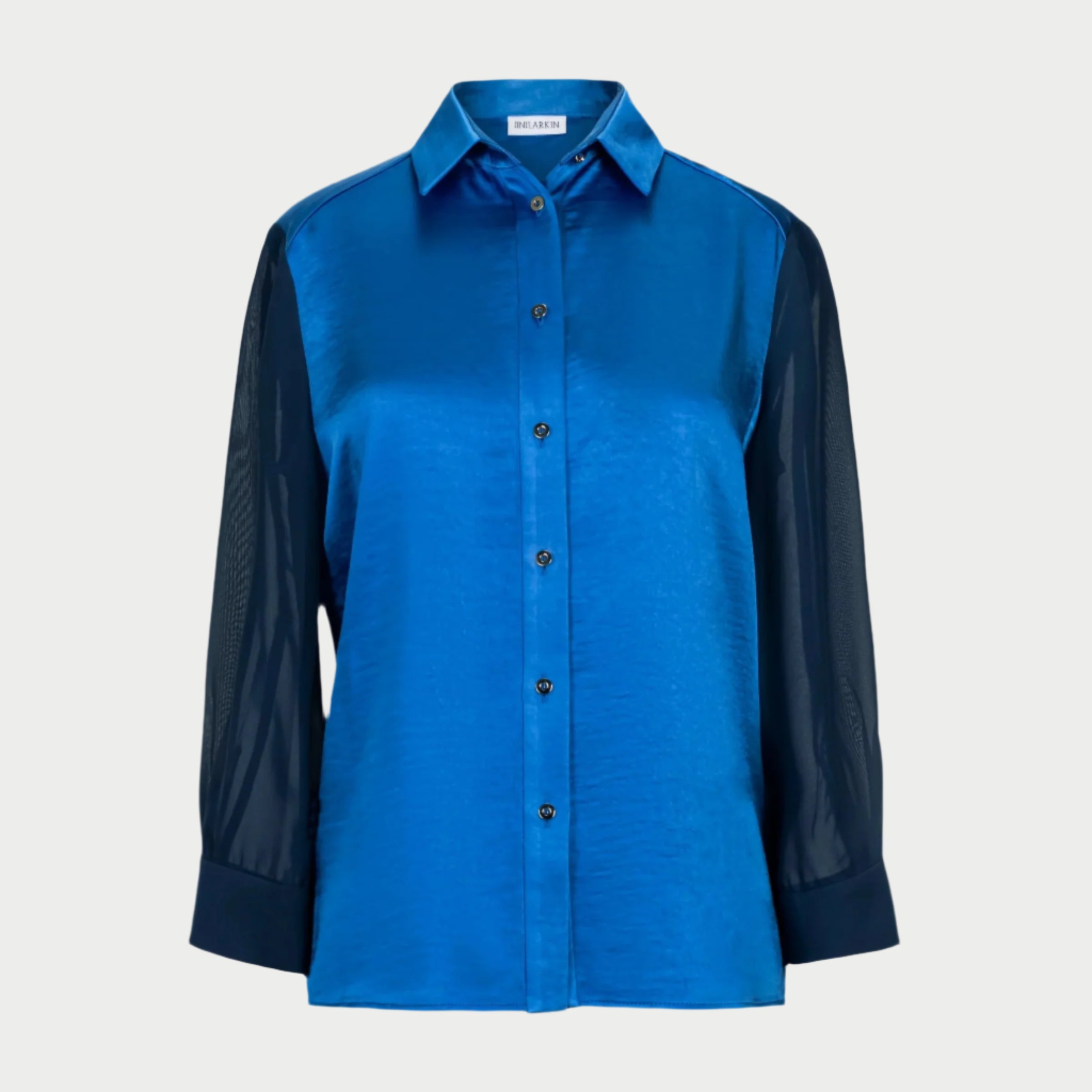 the aliferous shirt in royal blue by inlarkin front view showing the contrast sleeve fabric, baby buttons and collar