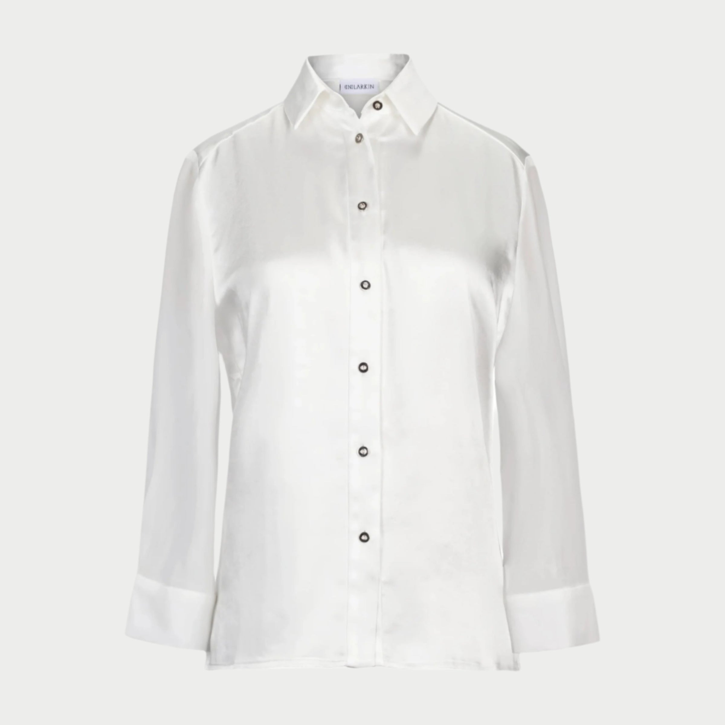 the aliferous shirt in white by inlarkin front view showing the contrast sleeve fabric, baby buttons and collar