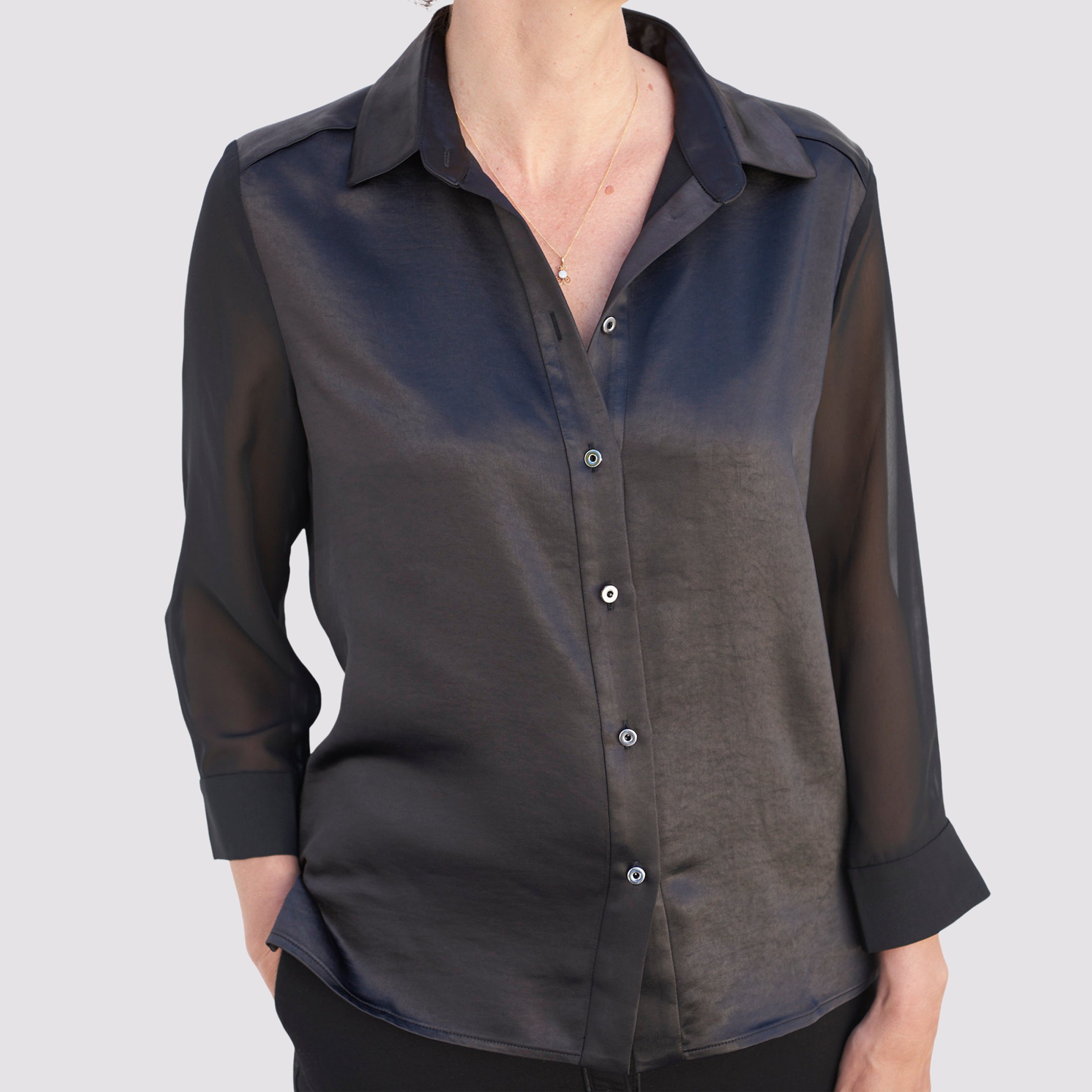 front view of the black aliferous shirt by inlarkin detailing the front buttons and bracelet sleeve length and sheer sleeves