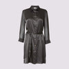 a front view of the aliferous shirt dress in black by inlarkin showing the length and mid thigh and button front closure