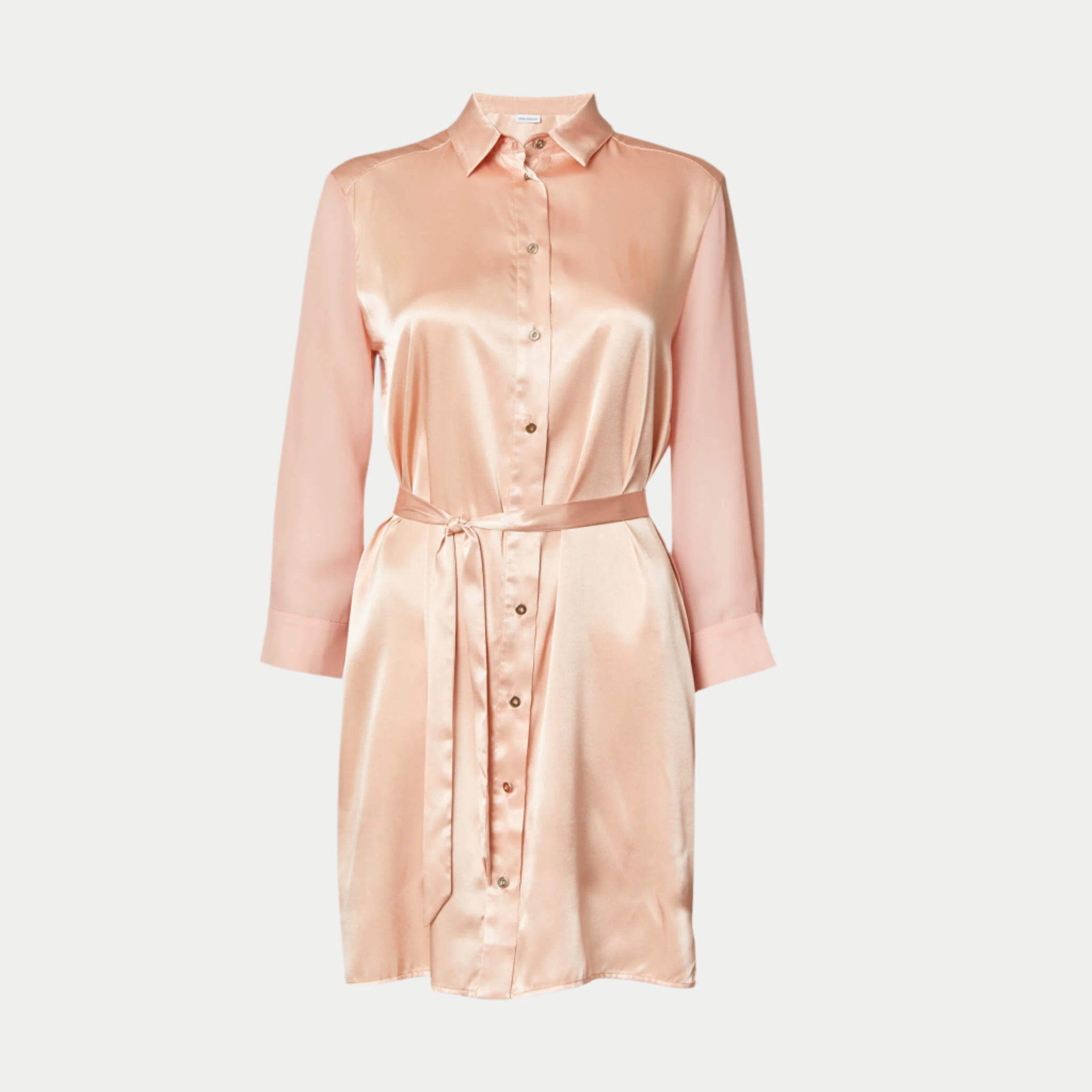a front view of the aliferous shirt dress in coral by inlarkin showing the length and mid thigh and button front closure