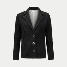  austin blazer front view in black by inlarkin showing the notched collar, oversized snaps and front detailed seams