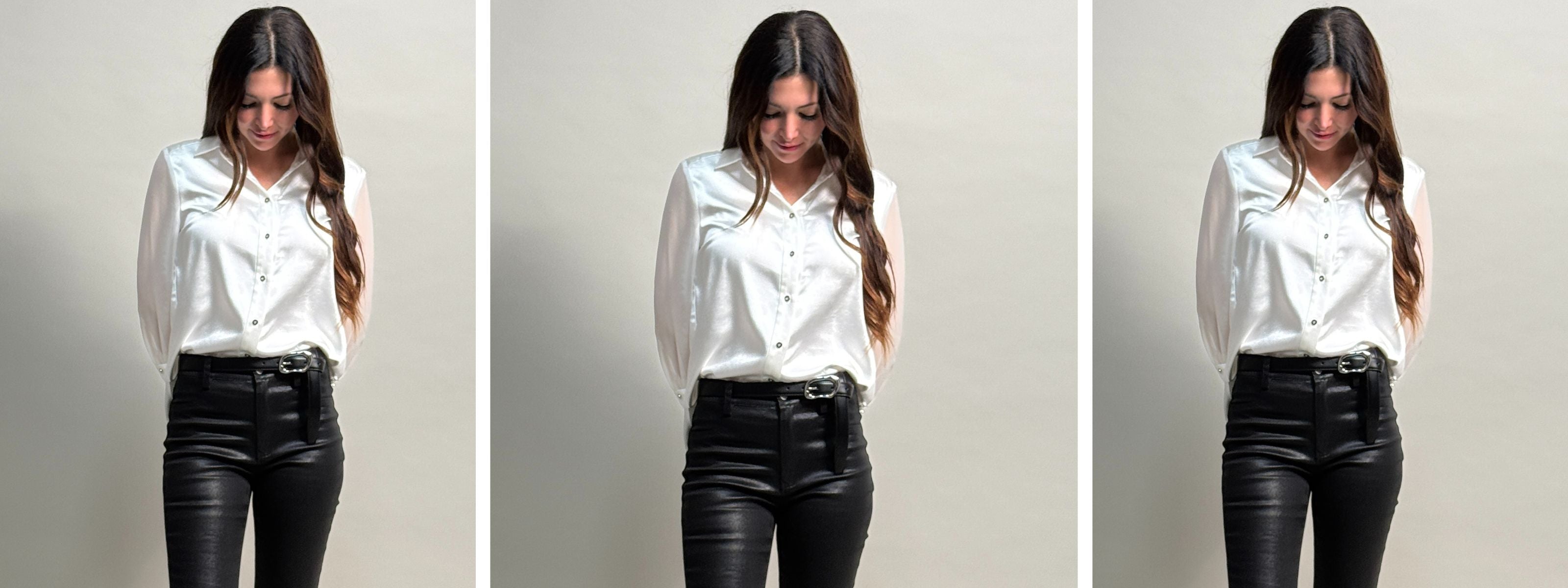 a back in stock collage of the aliferous shirt in white by inlarkin showing the pearl buttons and collar