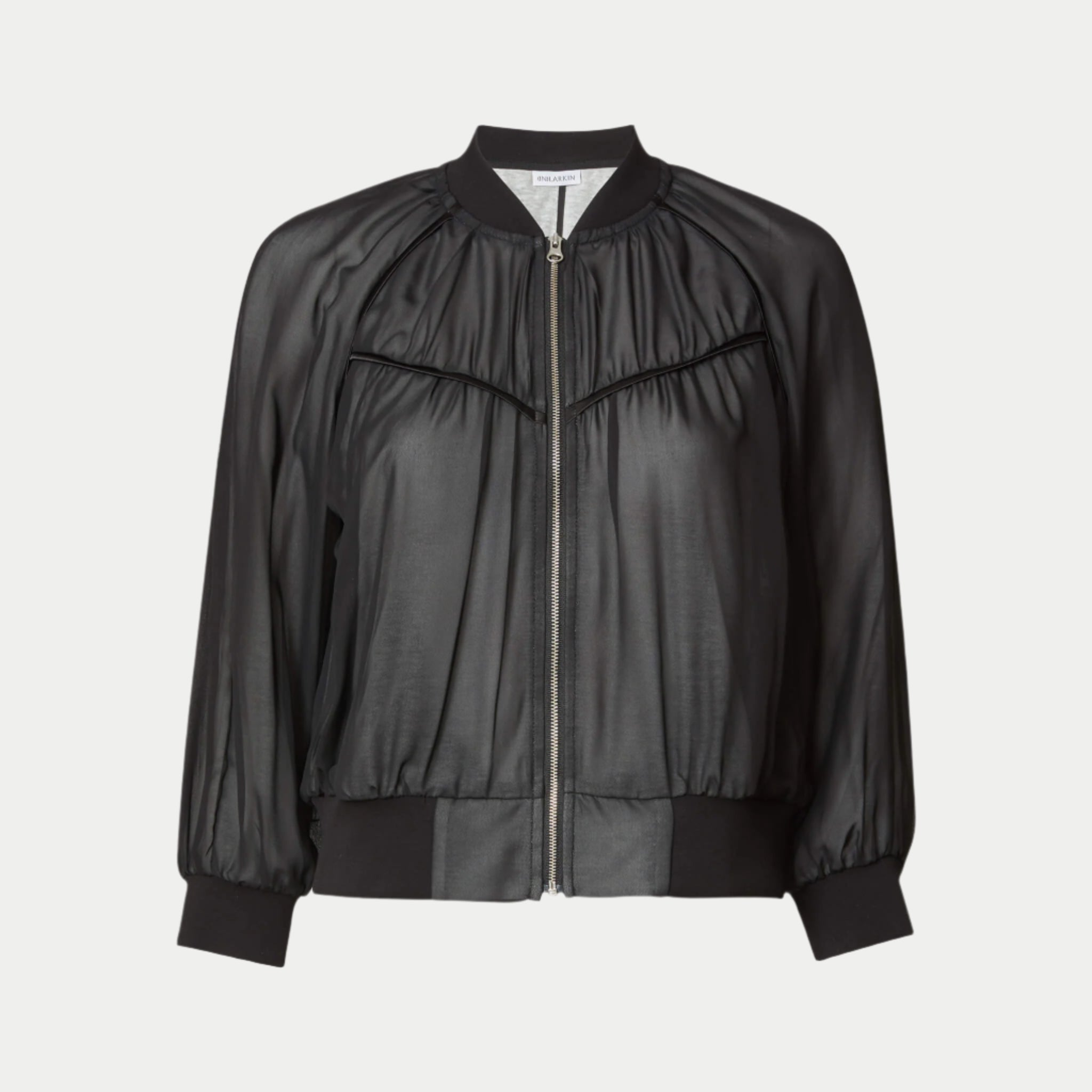 beauty bomber jacket in black by inlarkin front view showing the piping and zipper detail