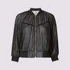 beauty bomber jacket in black by inlarkin front view showing the piping and zipper detail