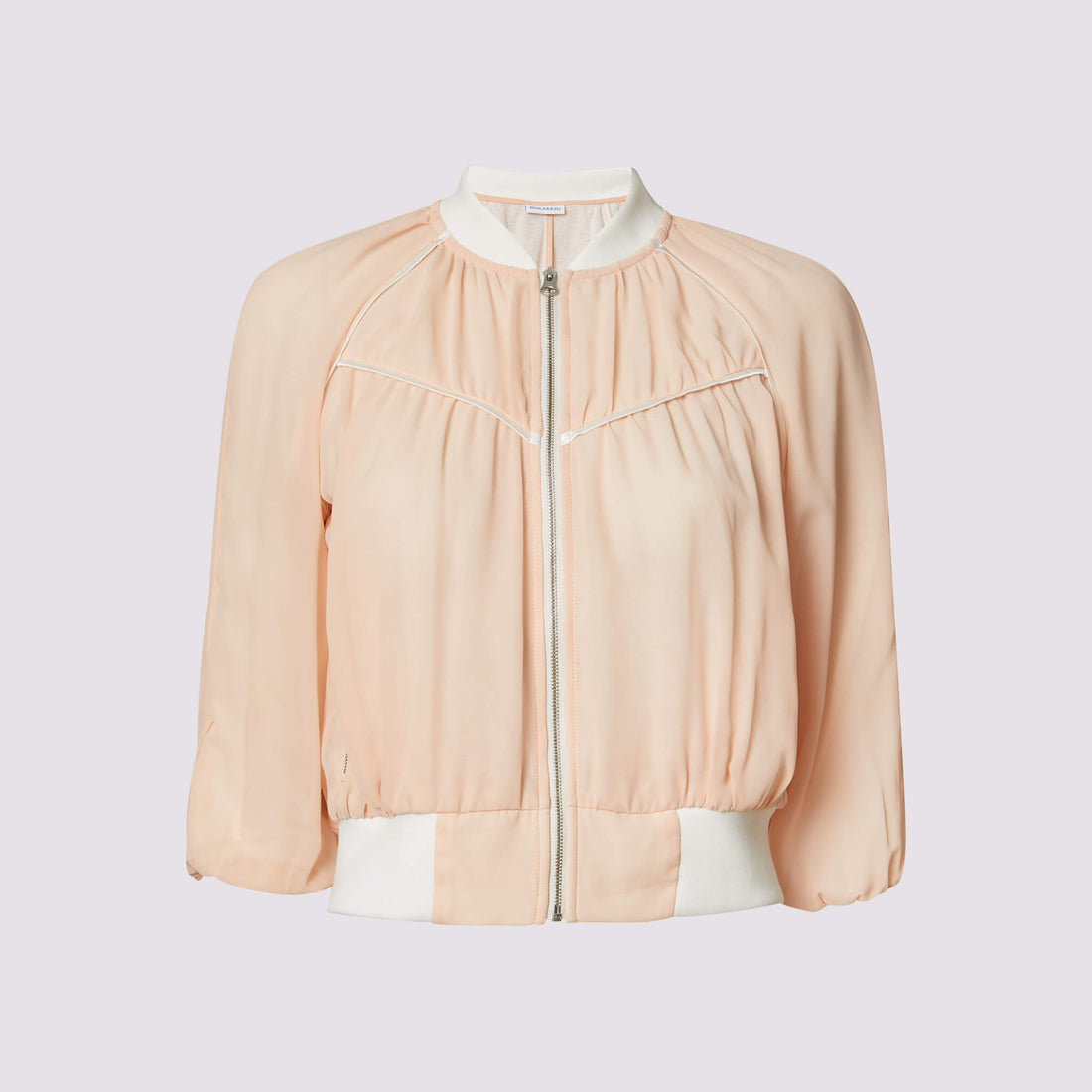  beauty bomber jacket in coral by inlarkin front view showing the piping and zipper detail