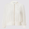 beauty bomber jacket in white by inlarkin front view showing the piping and zipper detail