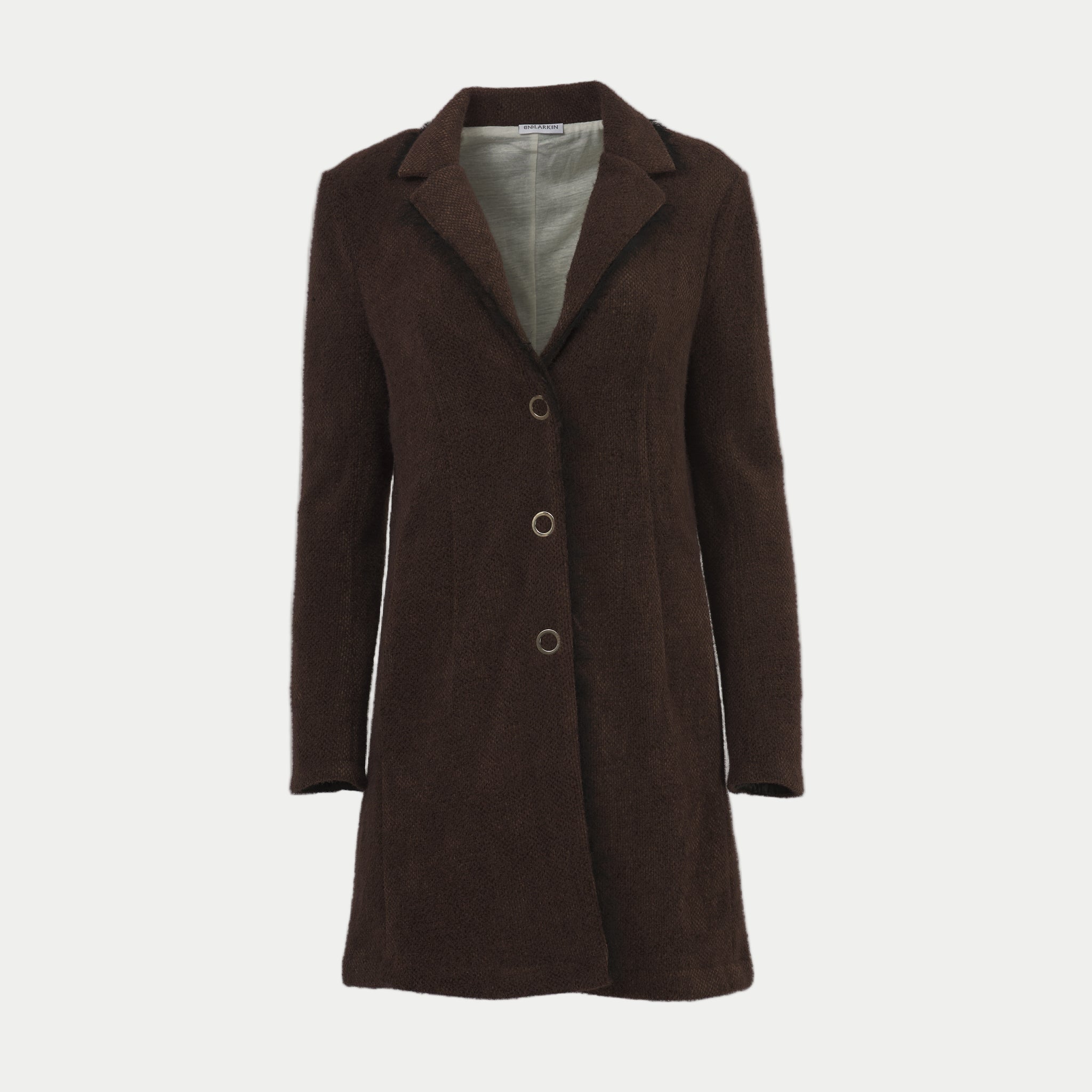 Belle blazer in chocolate by inlarkin showing the raw-edged chiffon detail, contrast sateen under collar, on seam pockets and silky linen lining, front view