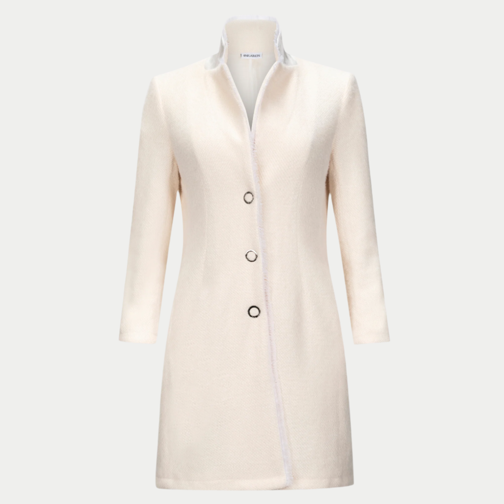 Belle blazer in ivory by inlarkin showing the raw-edged chiffon detail, contrast sateen under collar, on seam pockets and silky linen lining, front view