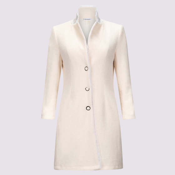 Belle blazer in ivory by inlarkin showing the raw-edged chiffon detail, contrast sateen under collar, on seam pockets and silky linen lining, front view