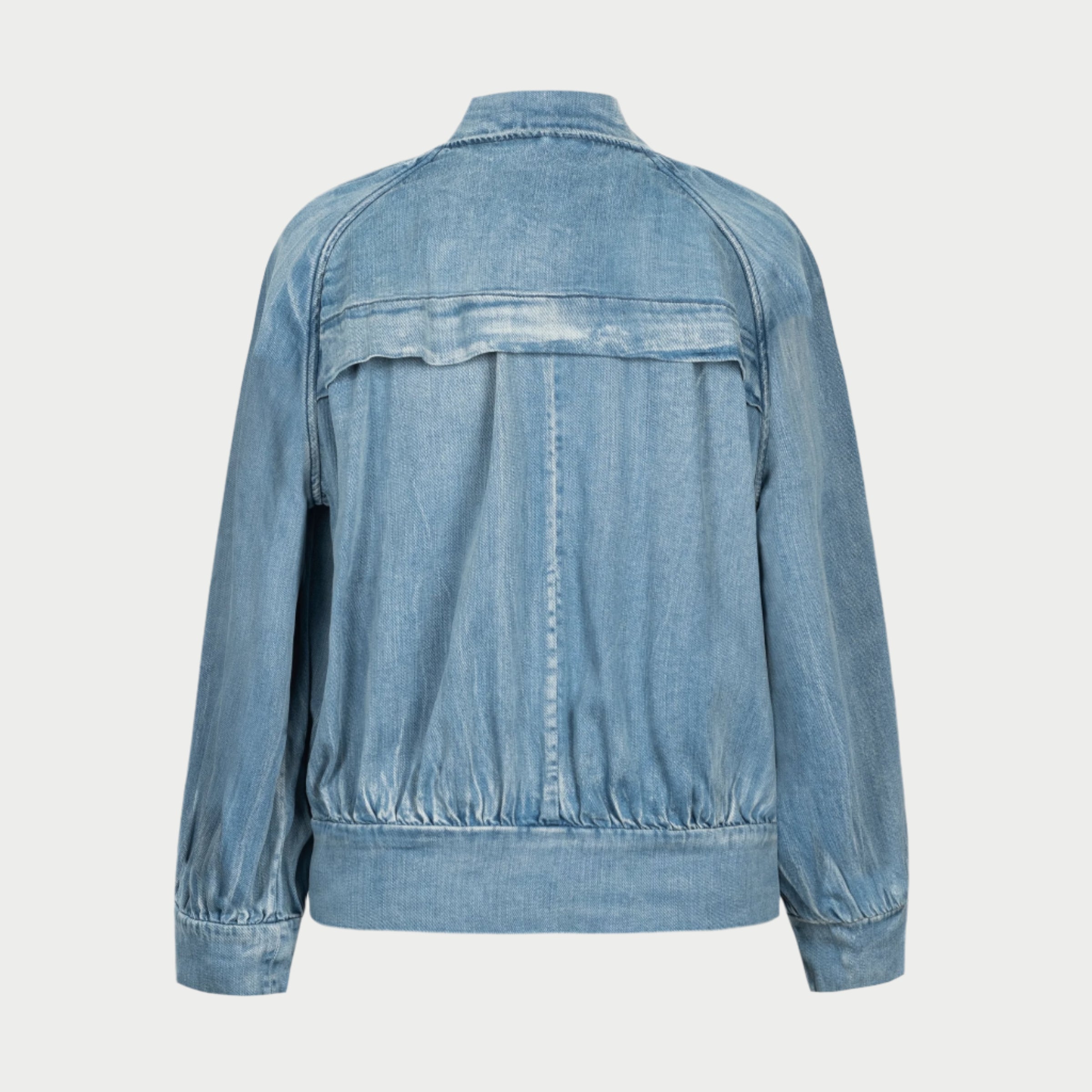 the boy bomber japanese denim jacket by inlarkin back view featuring a detailed back seam and vent