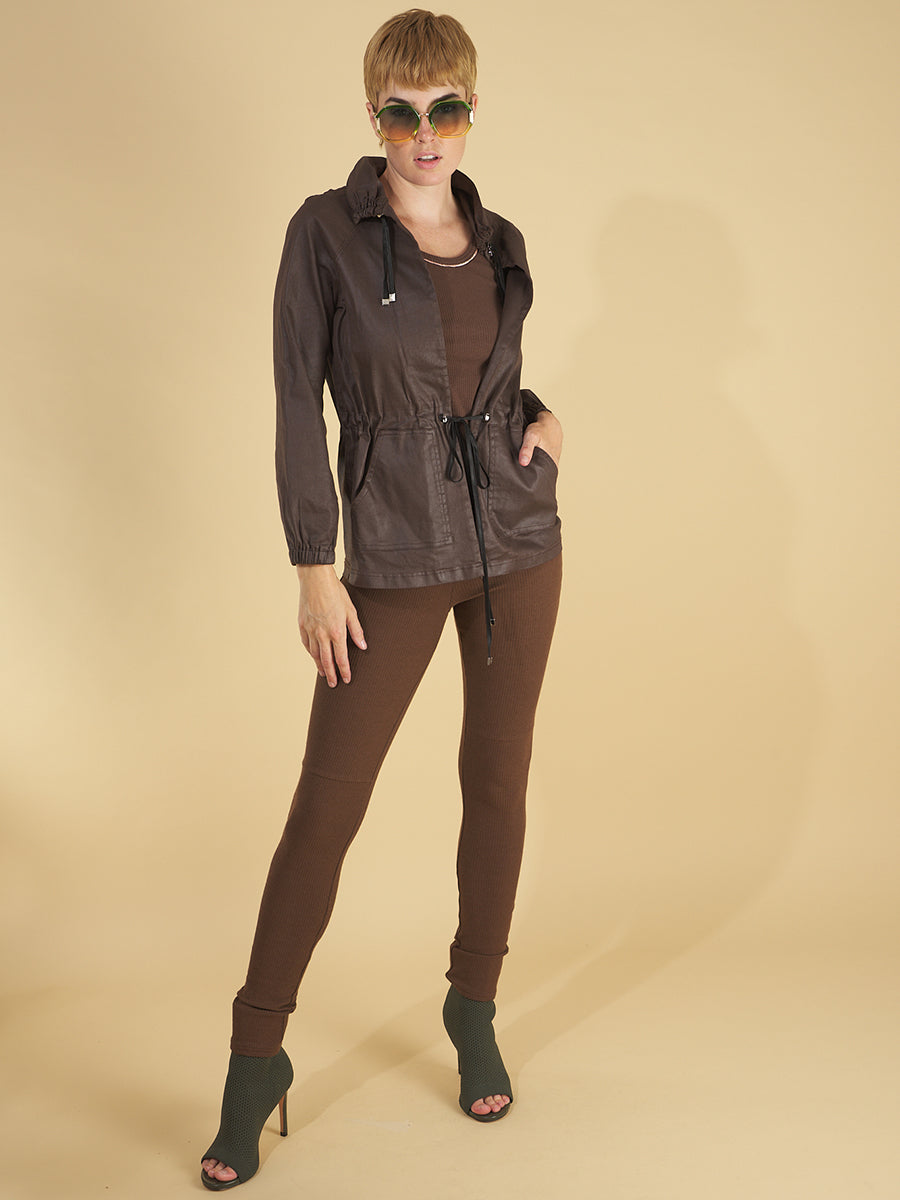the brooke breaker in chocolate front view by inlarkin with a drawstring waist, ruched drawstring collar and pockets