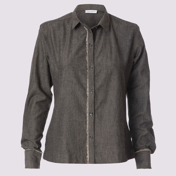 front view of the grey classic updated chemise shirt by inlarkin showing the darts at bust detail, full length sleeves and raw-edge placket down the center front and at cuffs in cotton chambray fabric