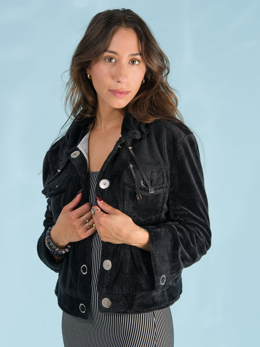 the cody dress in black stripe by inlarkin paired with the lucy jacket in black