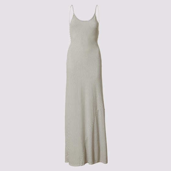 the cody dress in white by inlarkin showing the directional stripes, self binding neckline and fit