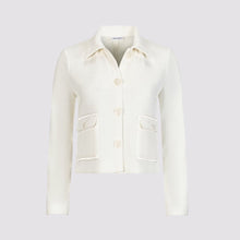  cropped shirt jacket front view in white by inlarkin showing the detailed front sateen pocket trim, sea glass buttons and collar