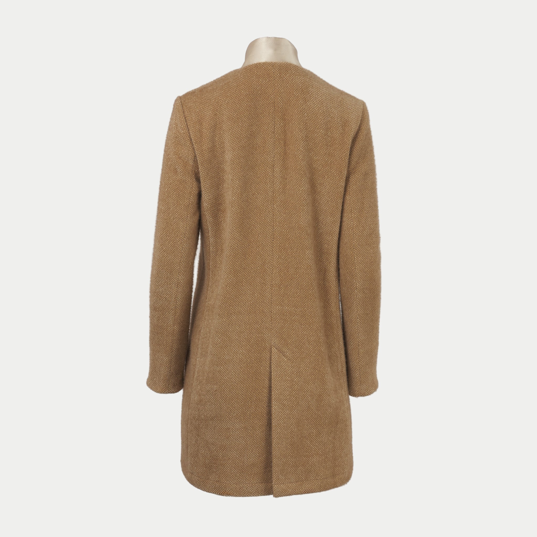 fawn colored coat with beige collar back view by inlarkin on an off-white background