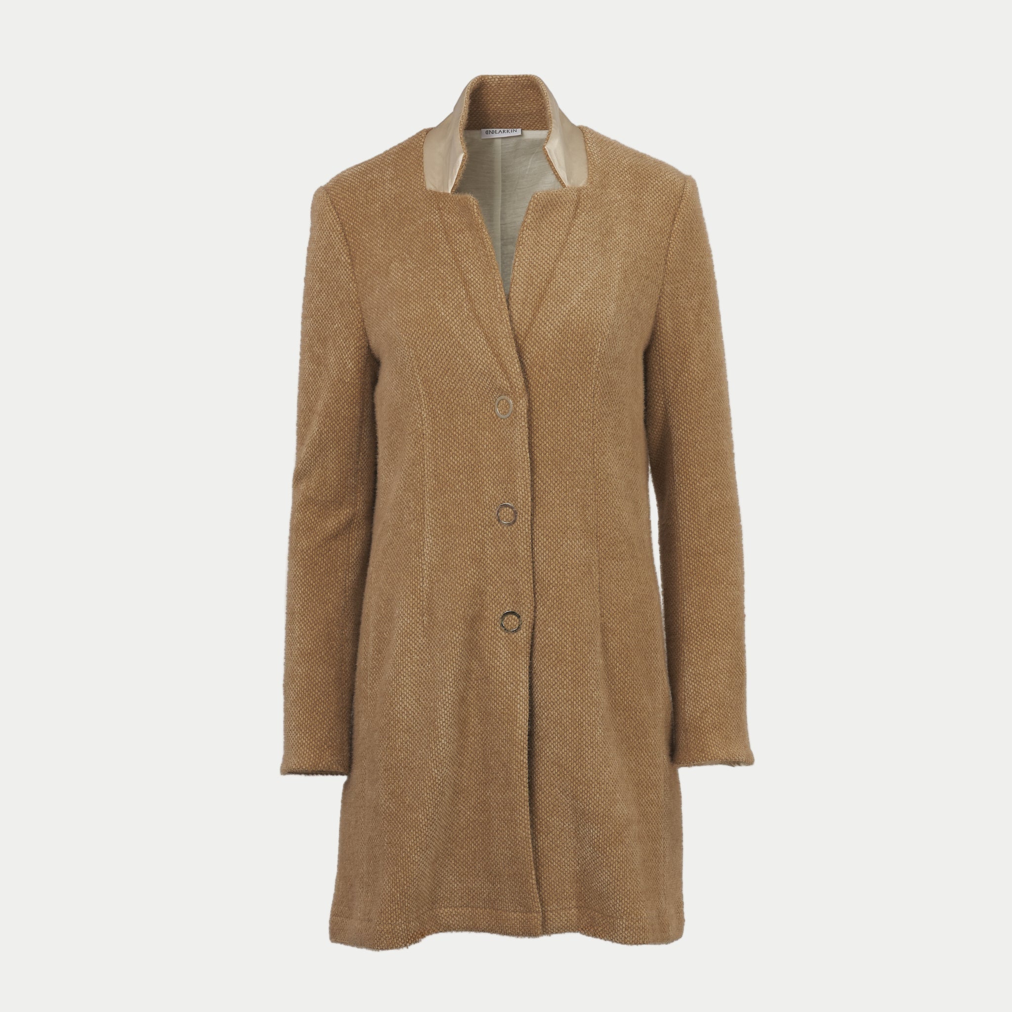 fawn colored coat with beige collar front view by inlarkin on an off-white background