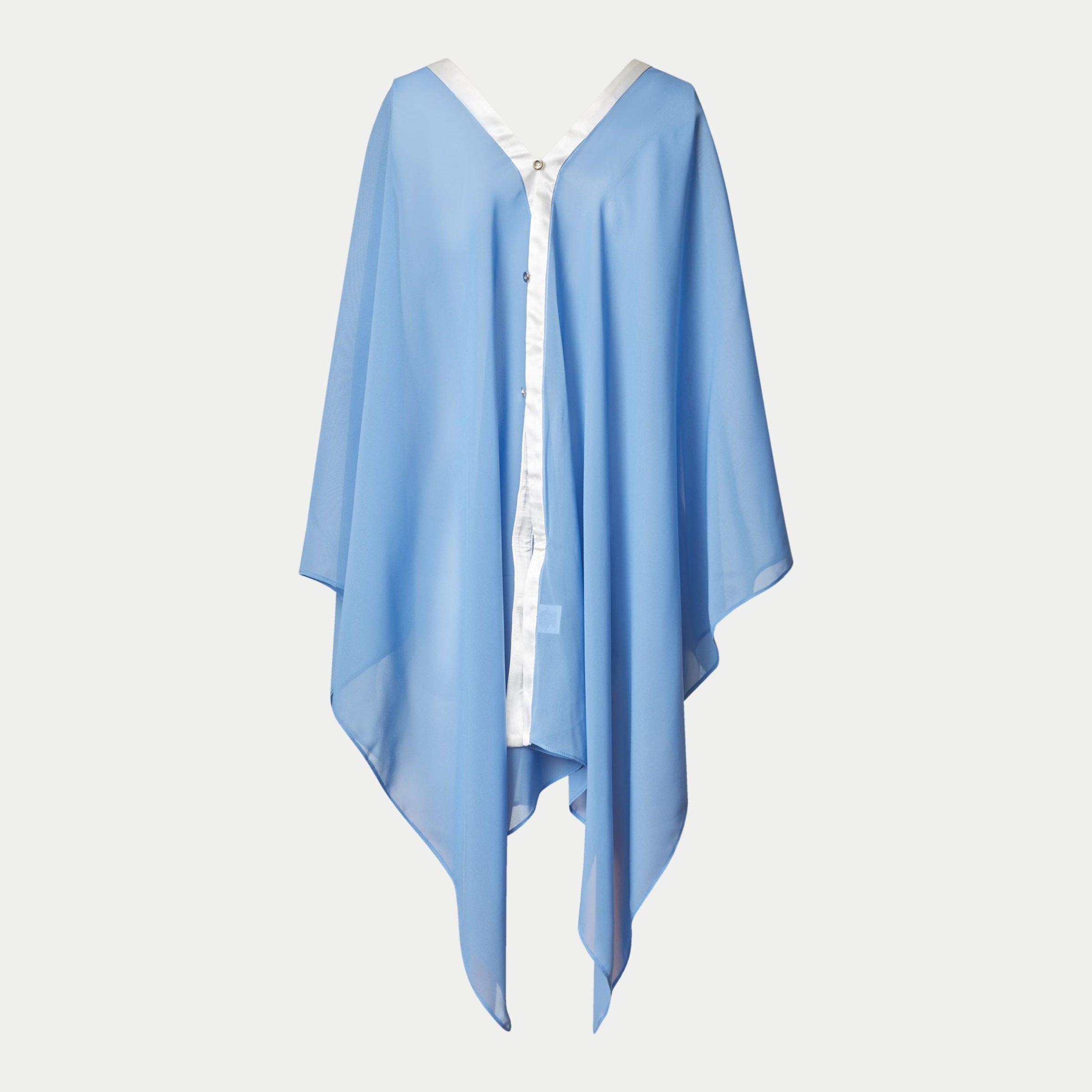 the dottie coverall short by inlarkin in blue with contrasting black satin trim and baby silver buttons is a versatile caftan that has multiply styling options