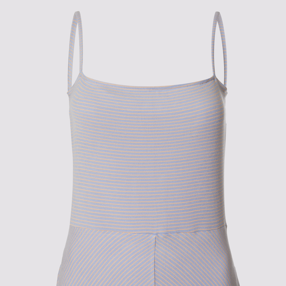 front detail view of the drunk stripe dress in lilac by inlarkin showing the waist seam, and bias directional stripes