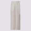 front view of the duster pant in white by inlarkin showing the tie waistband and fringe seams dow the front of the pant