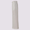 side view of the duster pant in white by inlarkin showing the tie waistband and fringe seams dow the front of the pant