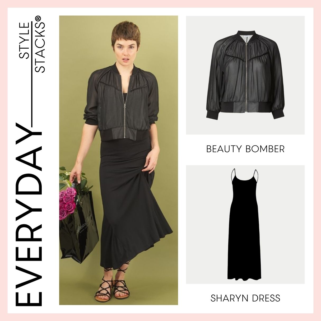 Woman wearing a black beauty bomber jacket and black sharyn dress by inlarkin with 'Everyday Style Stacks' branding and product names.