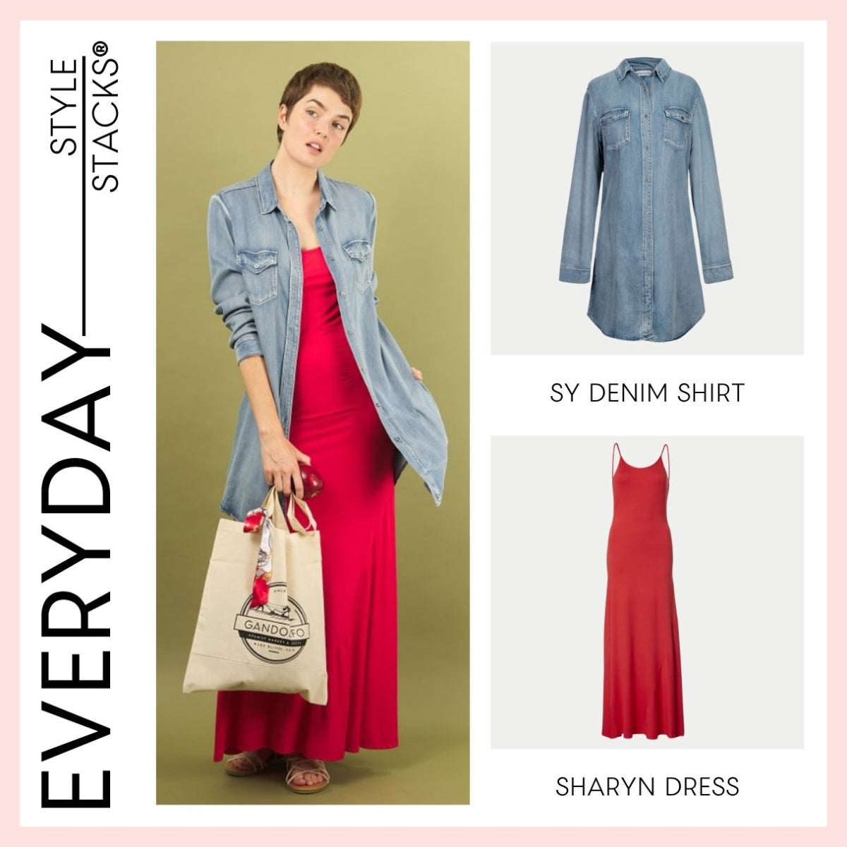 Woman wearing a red sharyn dress and sy denim shirt by inlarkin with 'Everyday Style Stacks' branding.