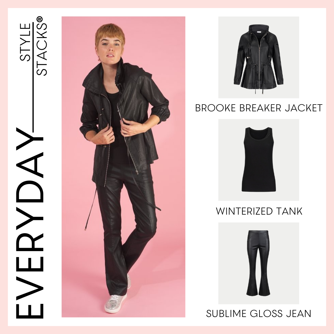 Woman wearing a the brooke breaker and sublime gloss jean by inlarkin in black with 'Everyday Style Stacks' branding and product names displayed.