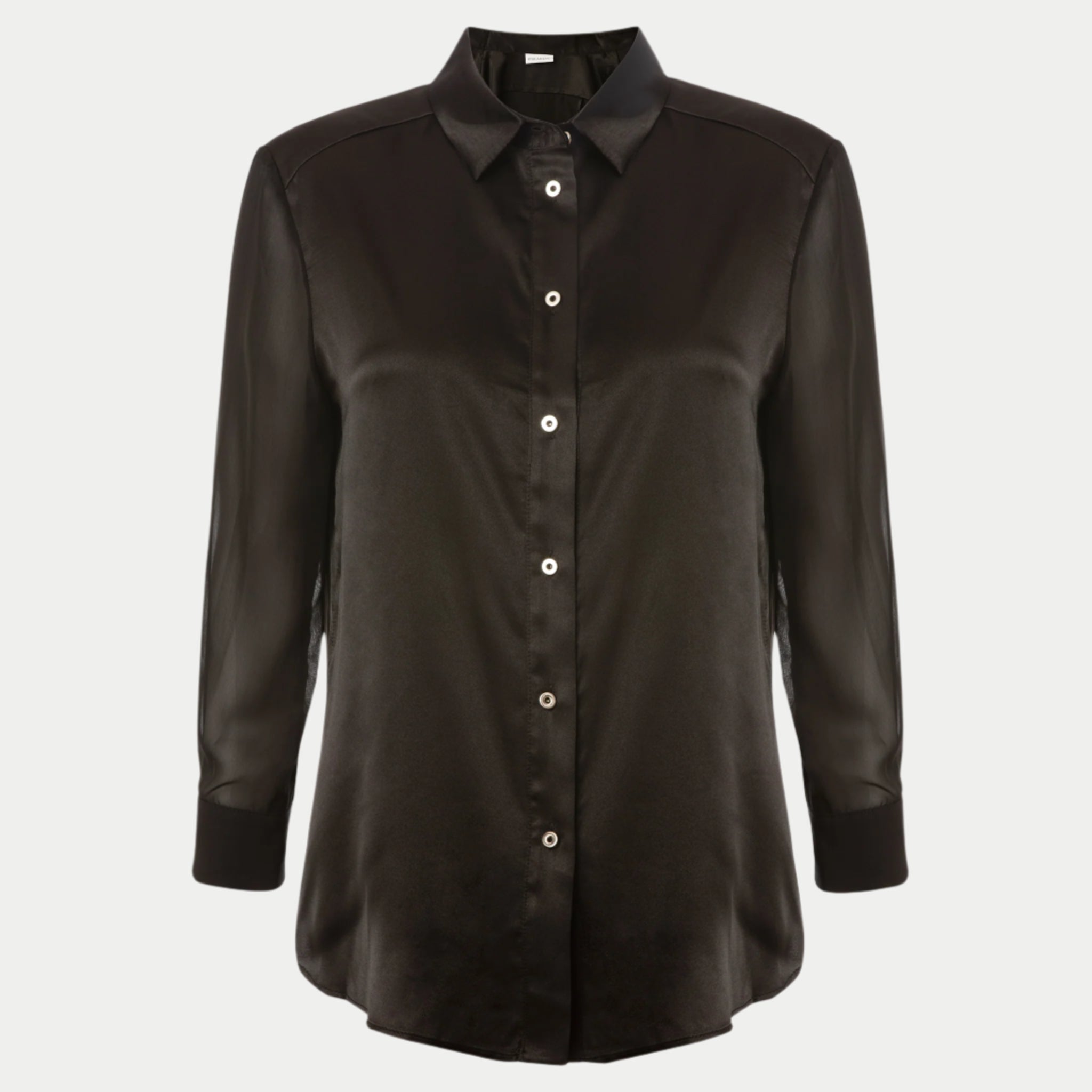 front view of the flight shirt by inlarkin in black showing the sheer sleeves and button detail