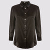 front view of the flight shirt by inlarkin in black showing the sheer sleeves and button detail
