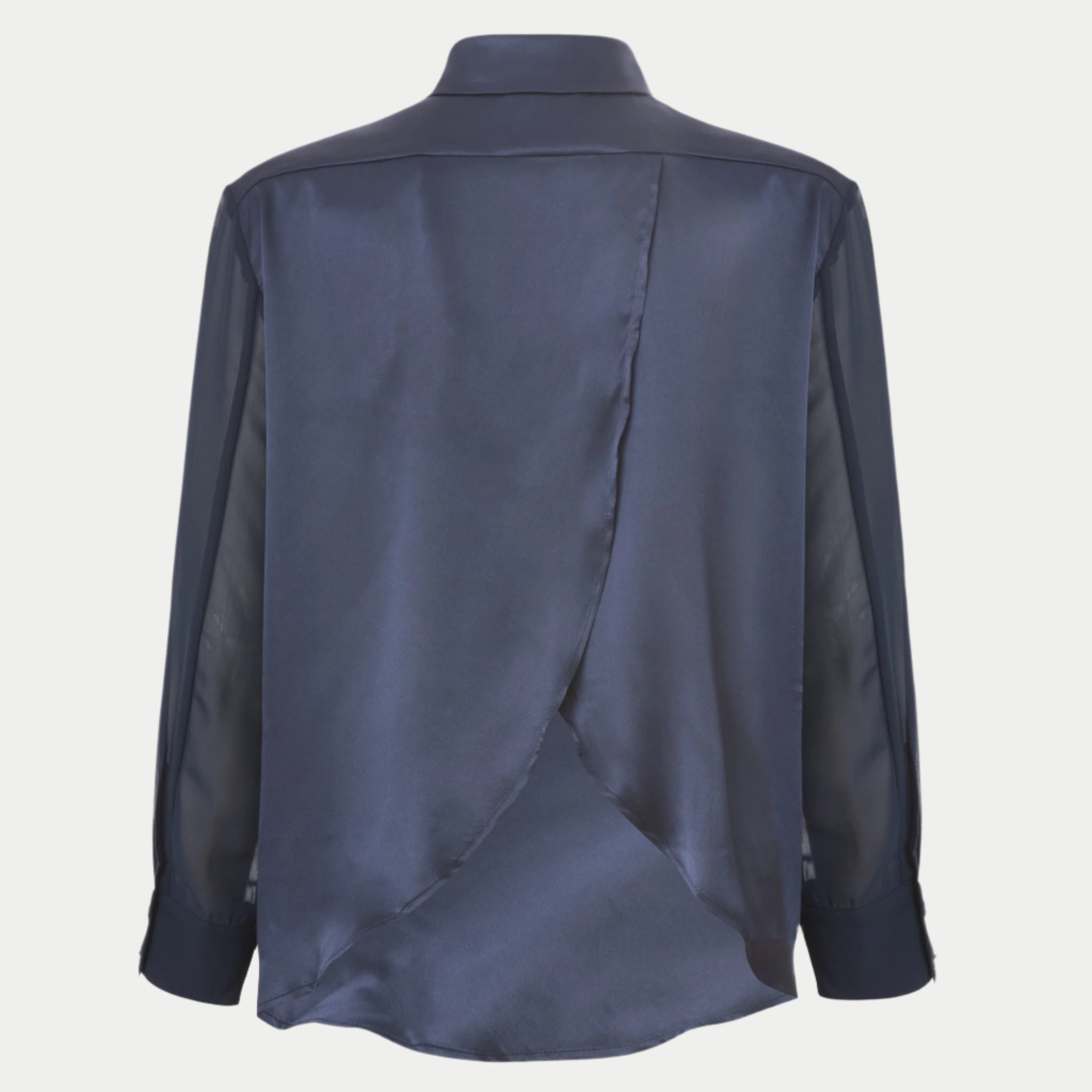 back view of the flight shirt by inlarkin in navy showing the wing detail and contrast sheer sleeves