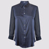 front view of the flight shirt by inlarkin in navy showing the sheer sleeves and button detail