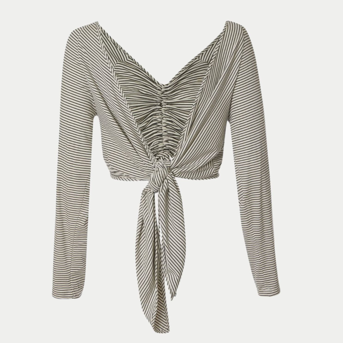 front knot cardigan in white by inlarkin showing the directional striped fabric, raglan sleeves and ease of wear