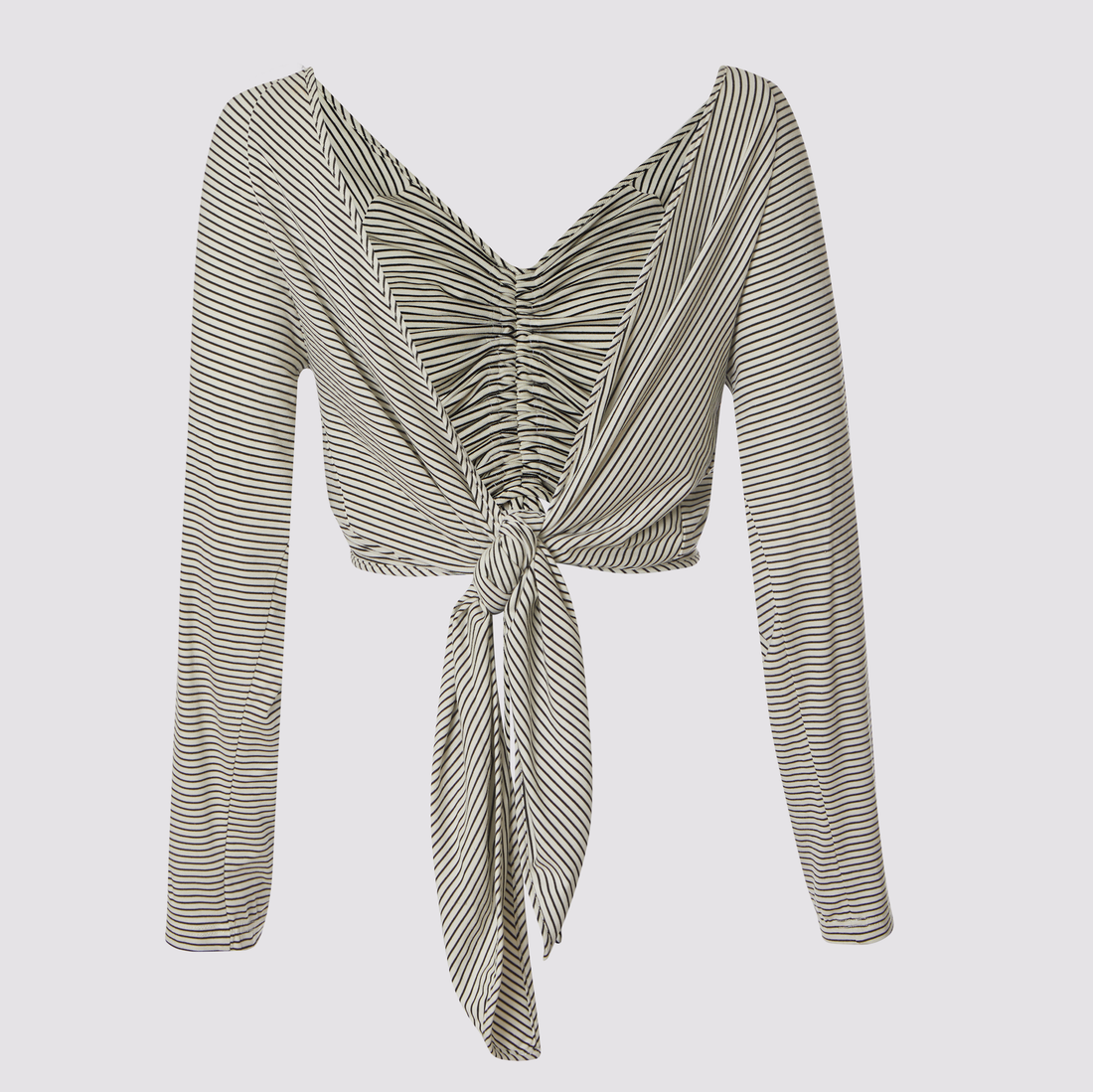  front knot cardigan in white by inlarkin showing the directional striped fabric, raglan sleeves and ease of wear