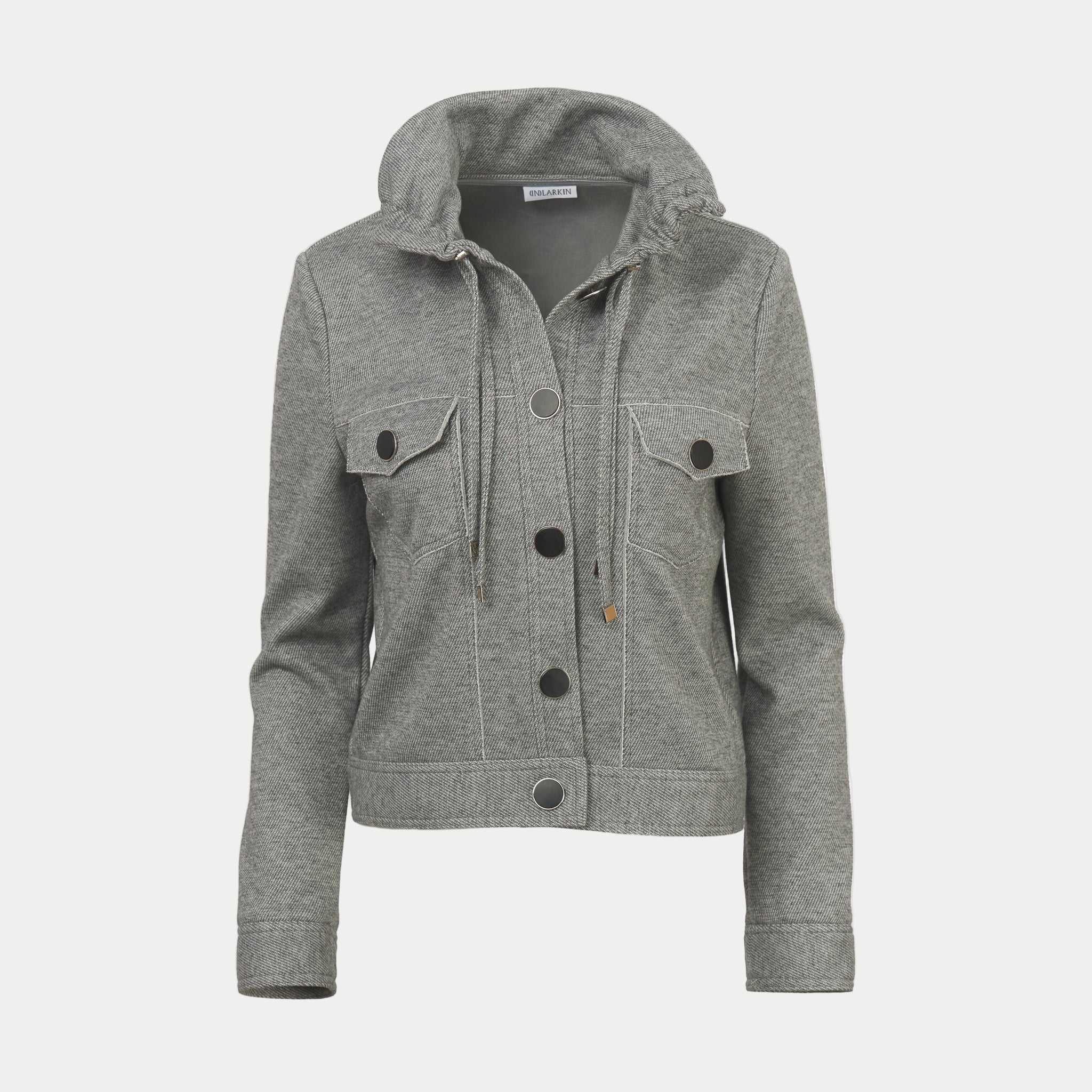 gray shadow color hooded jacket with black buttons by inlarkin on an off white background