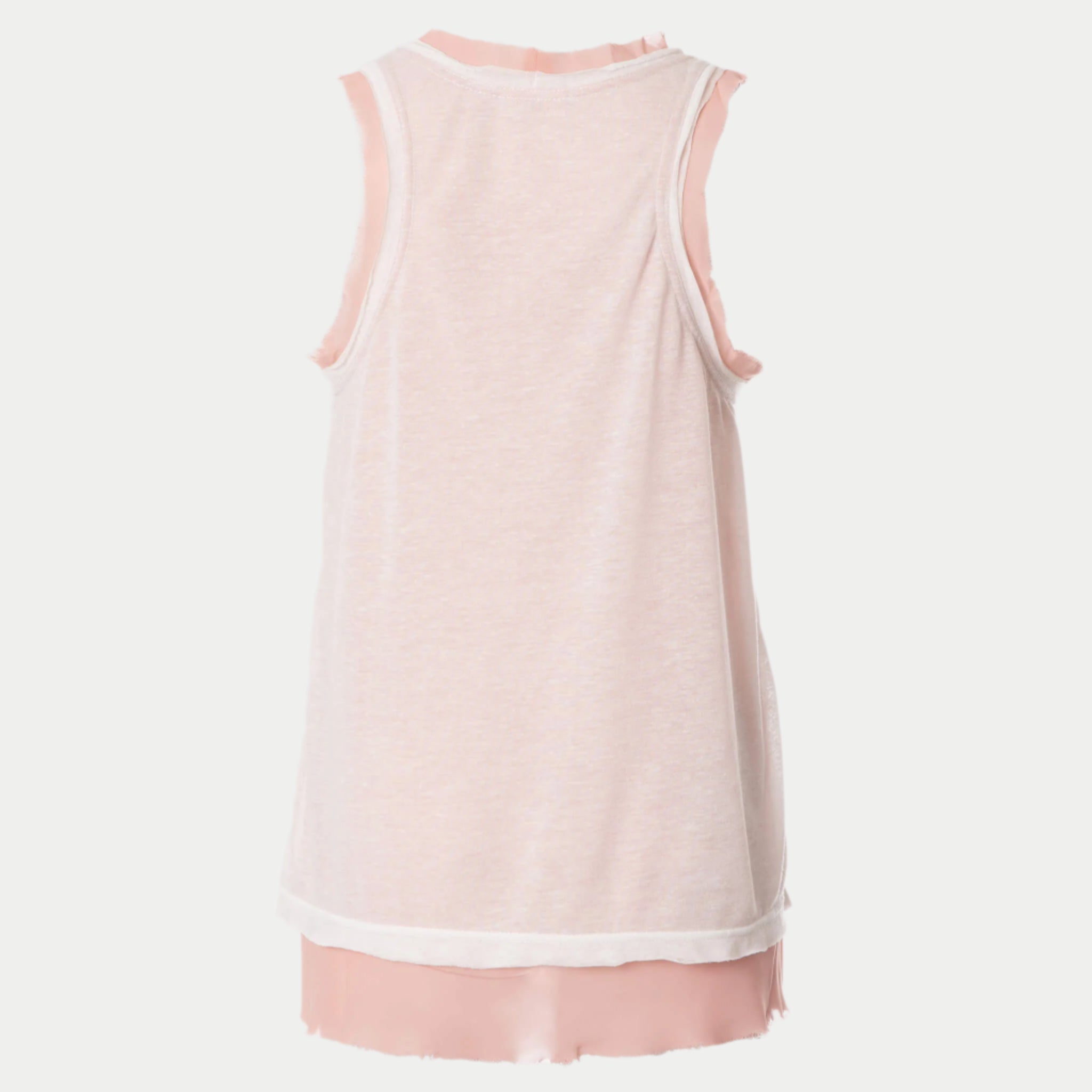 back view of the glasswing shell 2.0 in coral by inlarkin showing the detailed raw edge hem at neckline and arm holes