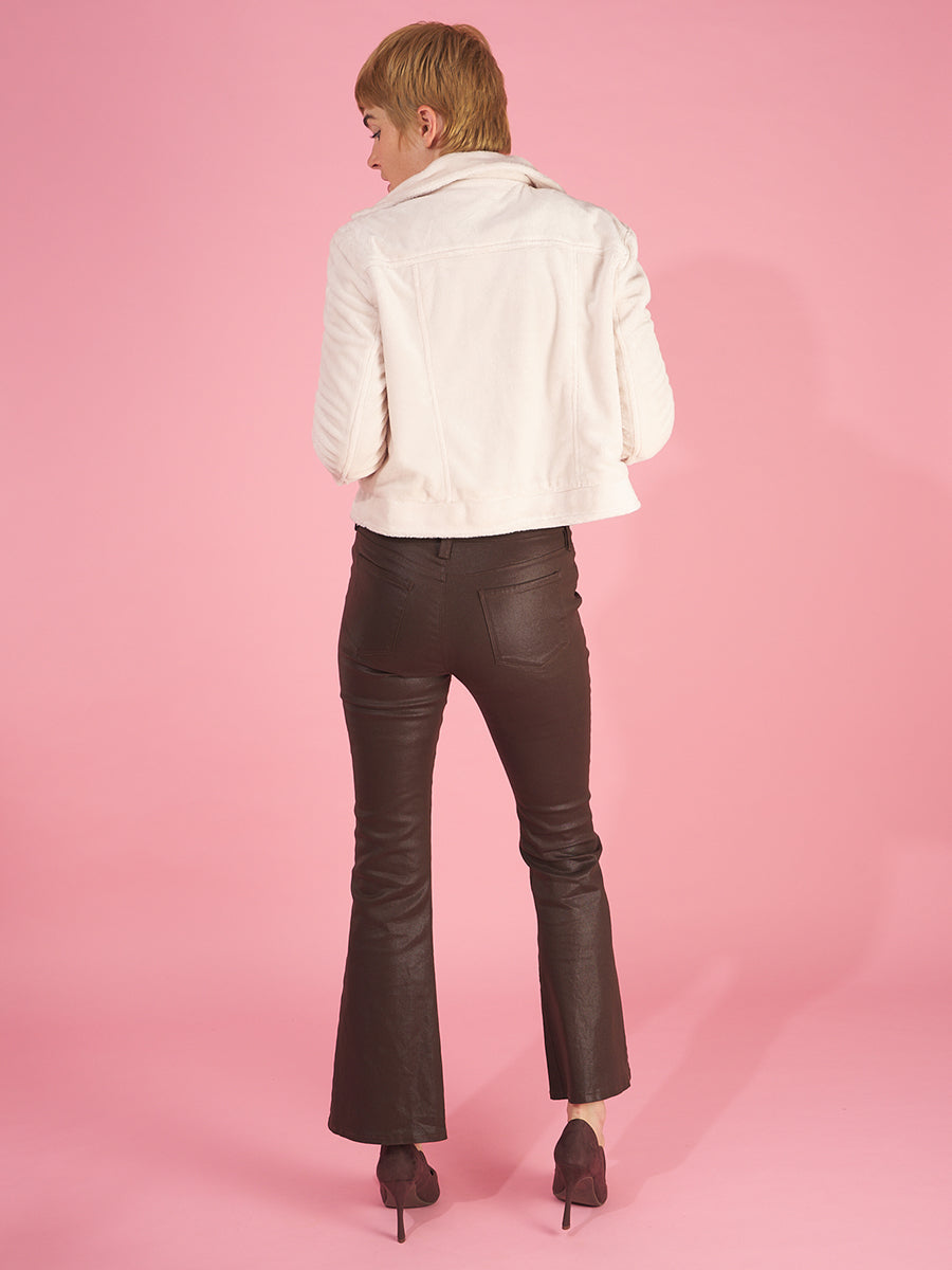 the gloss bootleg by inlarkin in chocolate back view featuring pockets, exceptional fit and bootleg flare paired with the lucy jacket in vanilla back view