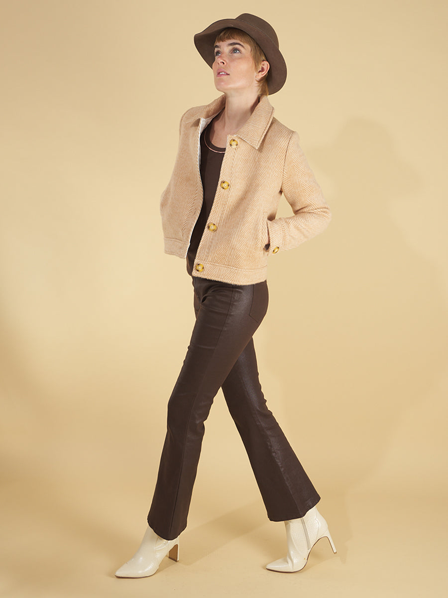the herringbone harriet jacket by inlarkin side view featuring a herringbone wool-apaca blend for unmatched warmth and texture and front functional pockets