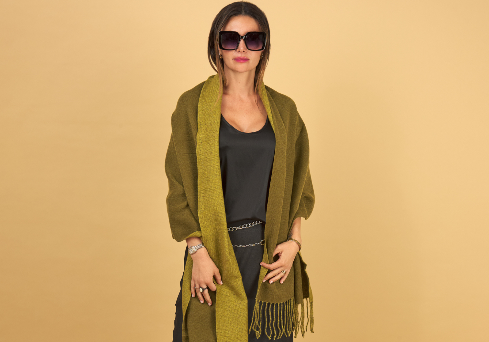 Woman wearing a green scarf over the decuir silk shell and slay skirt by inlarkin on a yellow background