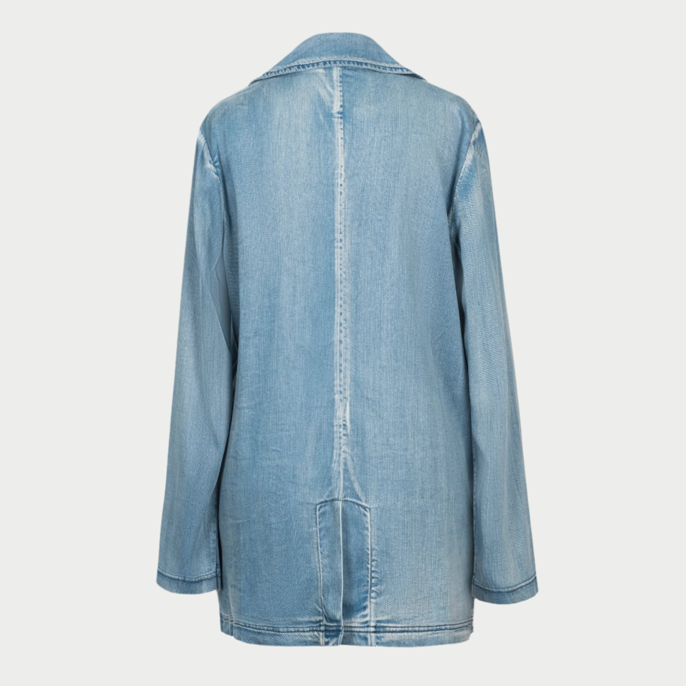 the jane jacket in denim by inlarkin back view featuring lower vent and seam detail