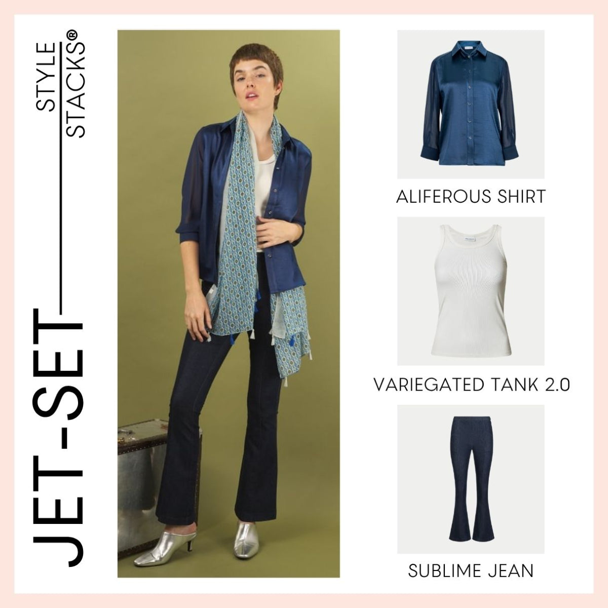 Woman wearing a navy aliferous shirt, white variegated tank top, and dark sublime jeans by inlarkin with a green background. Additional clothing items displayed on the right.