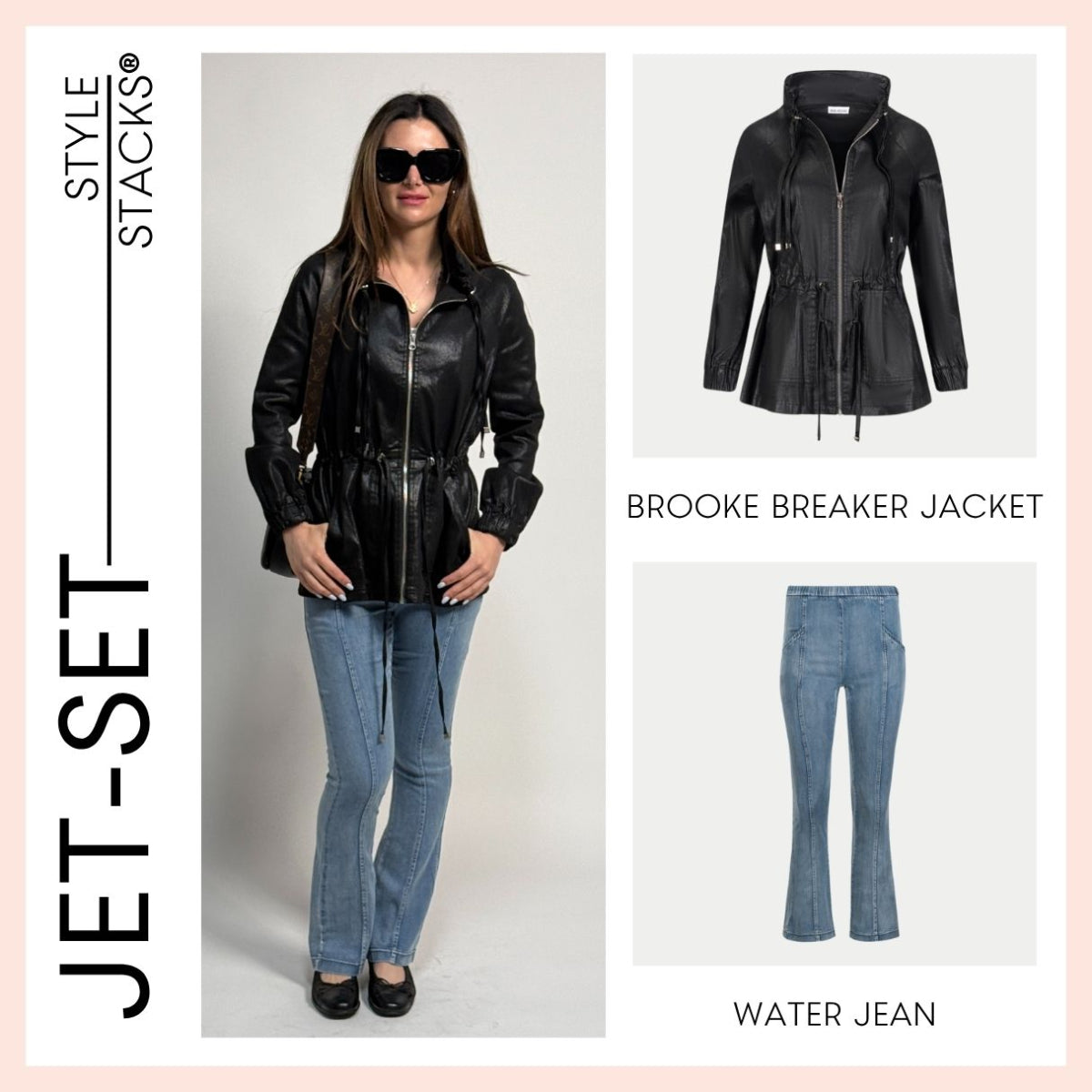 Woman wearing a black gloss twill jacket and blue water jeans by inlarkin with product images and text on a pink background.