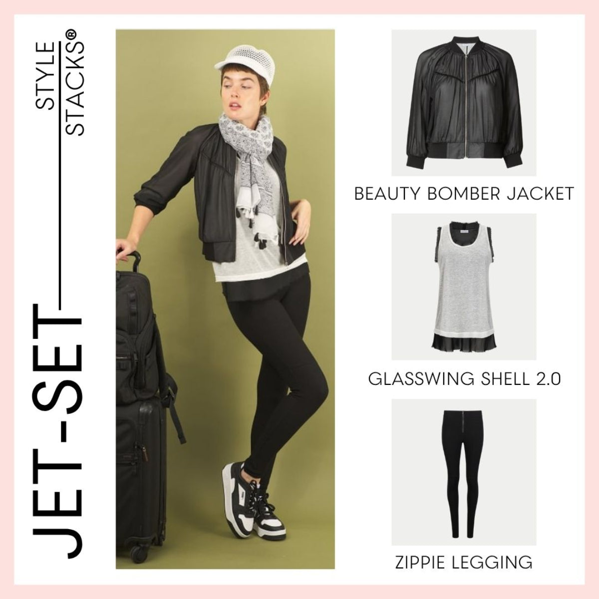 Woman with a suitcase wearing a black beauty bomber jacket, white and black glasswing shell 2.0, and black zippie leggings by inlarkin with the branding 'Jet-Set Style Stacks' on a green background.