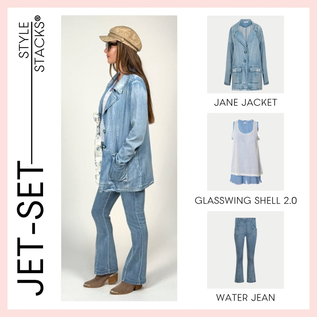 Woman wearing a denim jane jacket by inlarkin with Style Stacks branding and product names displayed.