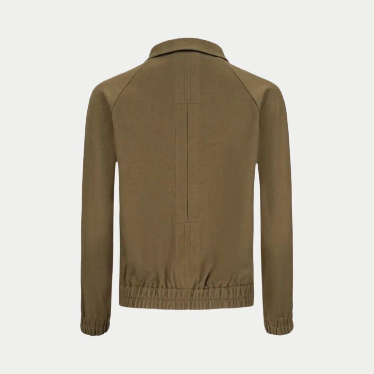 lady bomber jacket back view in olive by inlarkin showing gathered hem and back vent