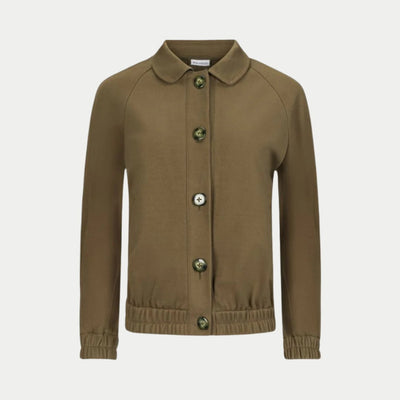 lady bomber jacket front view in olive by inlarkin showing the seaglass buttons, butterfly collar and gathered hem