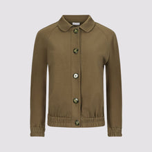  lady bomber jacket front view in olive by inlarkin showing the seaglass buttons, butterfly collar and gathered hem