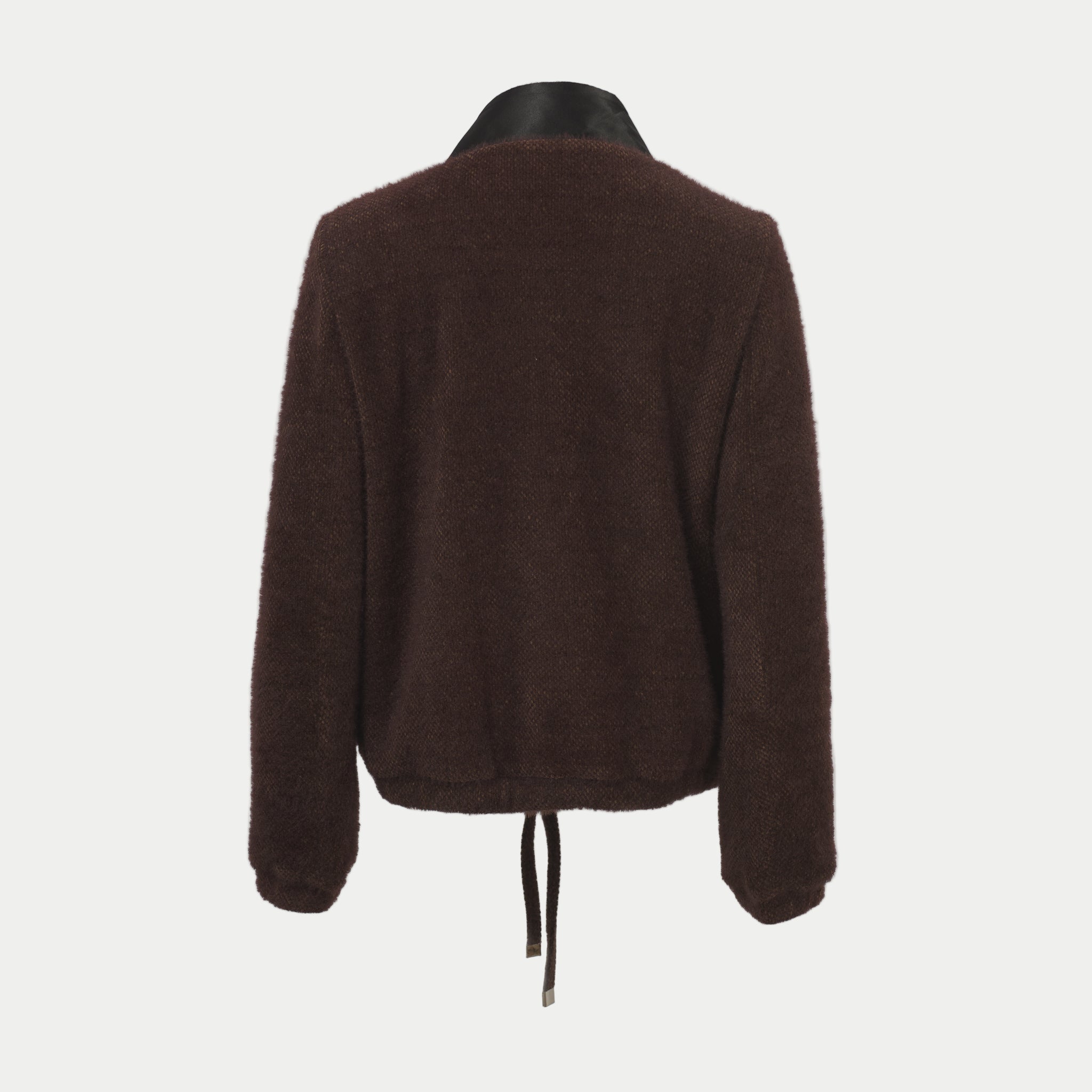 the larkin jacket in chocolate by inlarkin back view on an off-white background