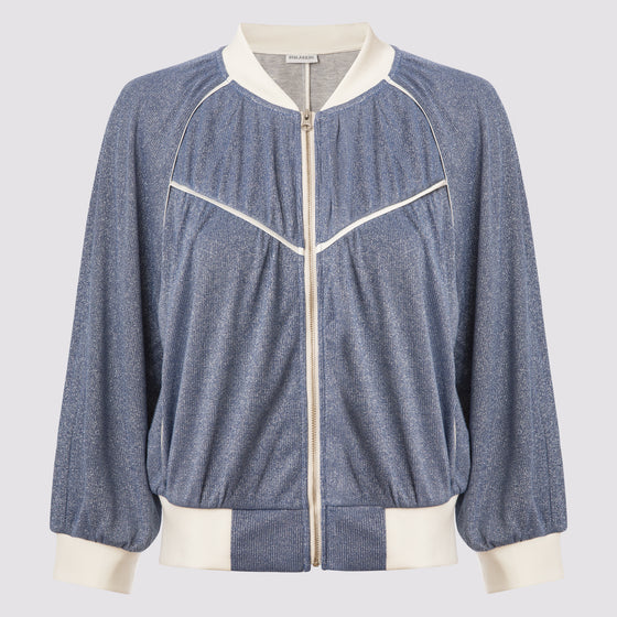 front view of the lauren bomber in blue by inlarkin showing the sparkle knit and front piping detail